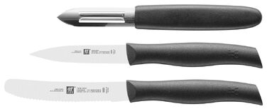 Набір ножів Zwilling Twin Grip, 3 предмети (овочечистка 6.5 см, шинкувальний ніж 9 см, універсальний ніж 12 см), пластикова ручка, чорний