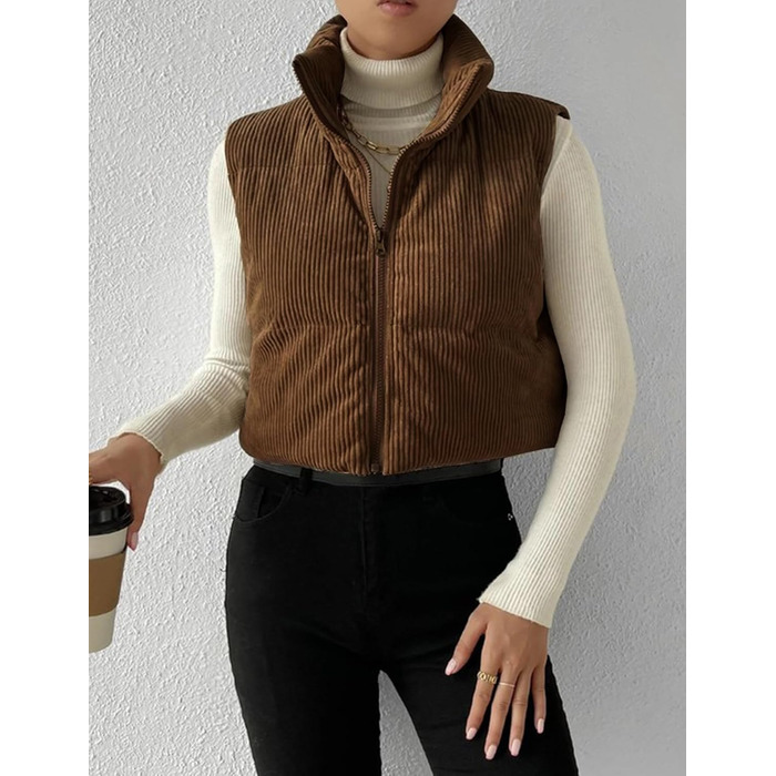 Жіноча жилетка Gihuo з наповнювачем Cord, кроп-силует, комір-стійка, на блискавці, без рукавів, коричнева