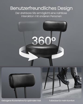 Барний стілець VASAGLE EKHO - обертається на 360°, комплект з 4 шт., з підлокітником, для кухонного острова, штучна шкіра, стиль Mid-Century Modern, 65 см, чорний