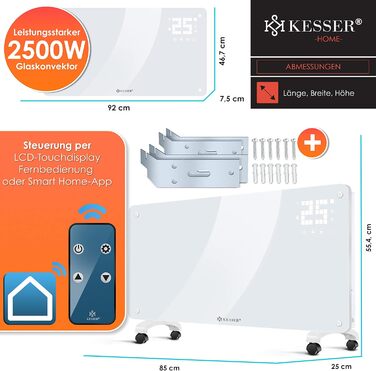 Електричний конвектор KESSER® з Wi-Fi керуванням та пультом дистанційного керування | 2500 Вт | Скло | Настінний/Підлоговий | LCD-дисплей, таймер, сенсорне управління