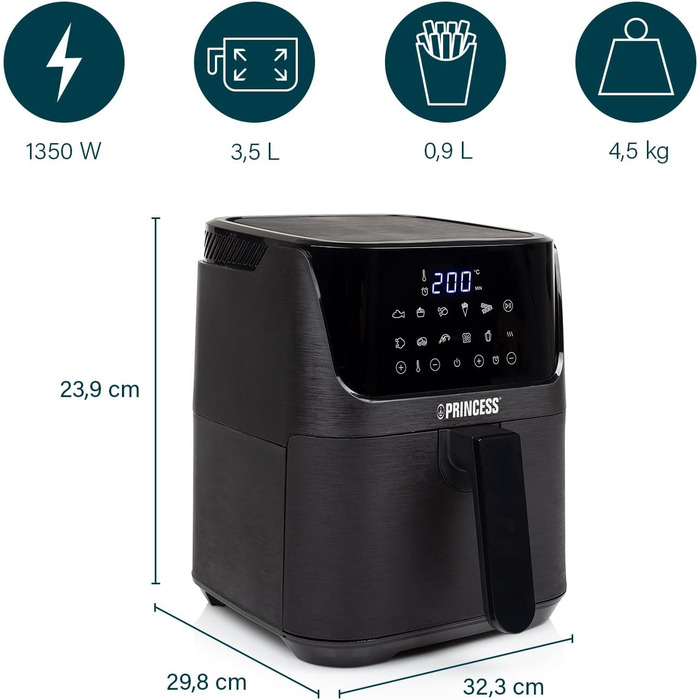 Princess Hot Air Fryer with 3.5 L – 70 Percent Less Energy Consumption – 11 Programs – Airfryer – 182031 3.5L Hot Air Fryer with Recipe Booklet Black