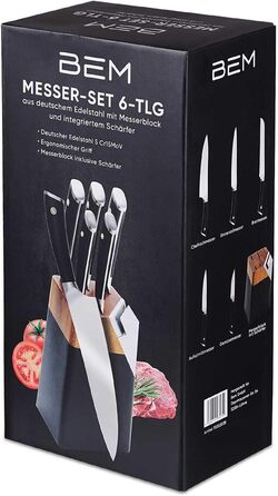 Набір кухонних ножів BEM Master Chef 6 шт. з підставкою: кухонний ніж, ніж для овочів, ніж для нарізки, універсальний ніж, ніж для хліба; шліфувальник, нержавіюча сталь