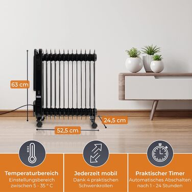 KLAMER Oil Radiator 2500 W, Electric Heater Energy-Saving, 13 Fins, 3 Heating Levels with Eco Mode, 24h Timer, Thermostat, Overheat & Tip-Over Protection, with Remote Control, for Indoor Use, Black