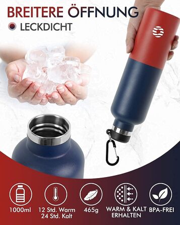 Фляга спортивна Feijian 1L з карабіном - термофляга з нержавіючої сталі, витримує напій з газом, без BPA, для спорту, відпочинку, школи, кемпінгу, велосипеду, армійський зелений (блакитний & червоний)