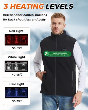Електрична гріюча жилетка з флісу для чоловіків та жінок, 13 зон обігріву, 3 режими температури, Powerbank 10000mAh, Ritter, чорна