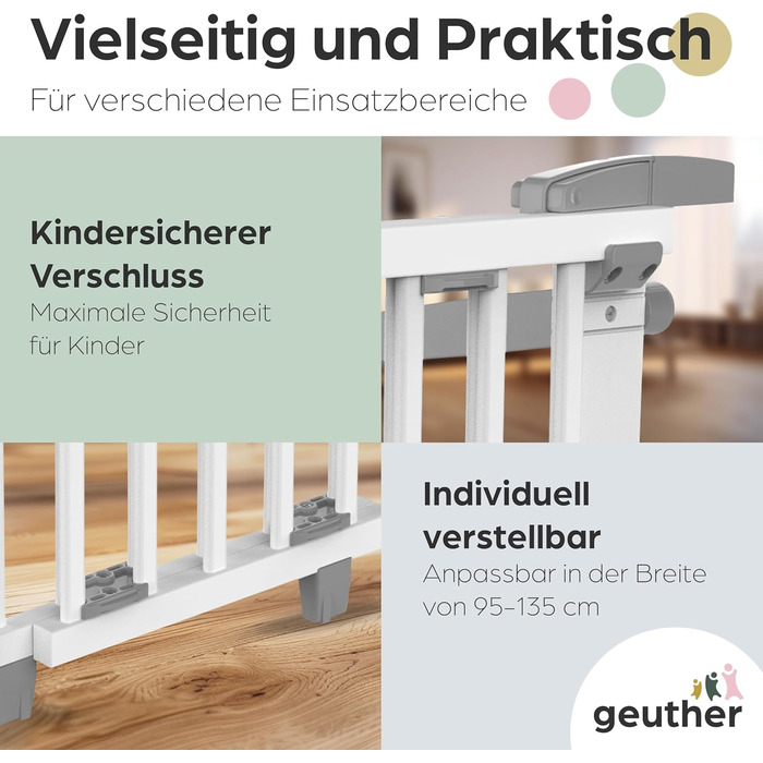 Захист для сходів Geuther Oris | Дверний захист для сходів з кріпленням, 2 клямки для поручнів, ширина | Стабільний захист з розпадною дверцятами | Дерев'яне дитяче гiтер, натуральний лак (білий, 95-135 см)