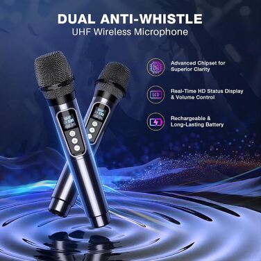 Портативна караоке-колонка Dislocati з 2 мікрофонами, 20W, LED-підсвітка, Bluetooth 5.3, AUX/USB, до 12 годин роботи - ідеальний подарунок для дітей та дорослих, чорний колір