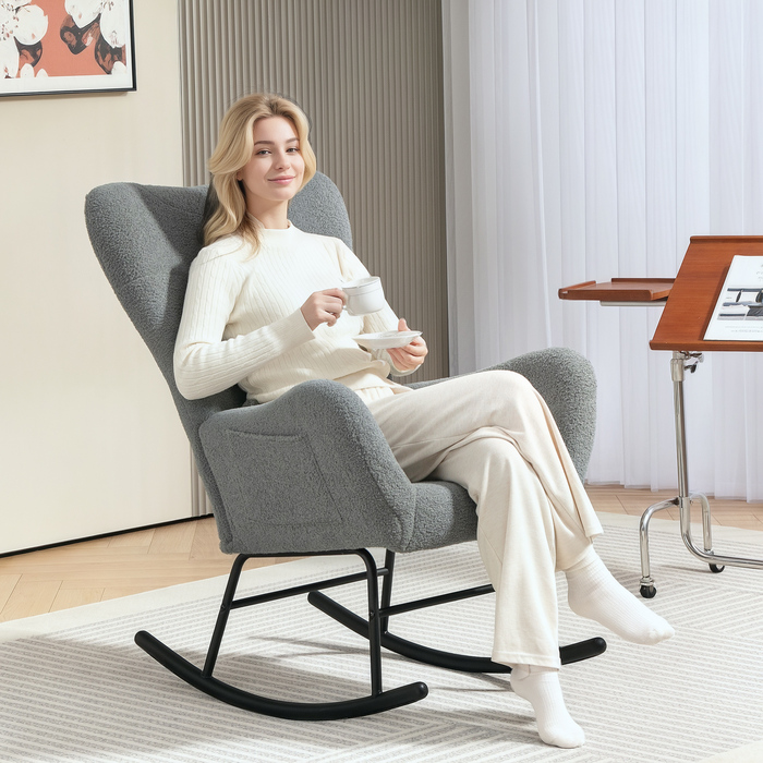 HOMCOM Rocking Chair, Rocking Armchair with Teddy Fabric Look, Armrests, Still Chair with Wooden Skids, Lumbar Pillow, Relax Chair with Side Pocket for Living Room, Bedroom, Grey | Aosom