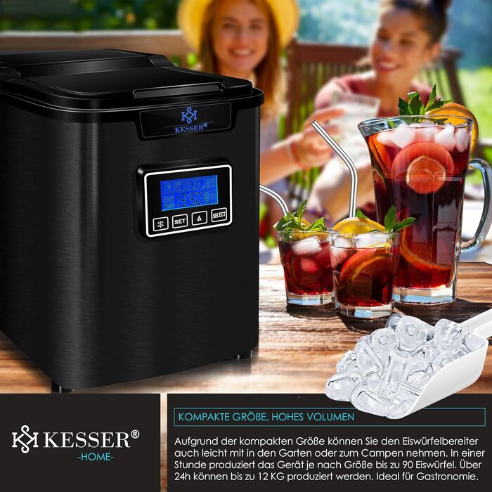 Машина для приготування льоду KESSER® з нержавіючої сталі, 150W, 12 кг/24 год, 3 розміри кубиків, таймер, LCD-дисплей, чорний