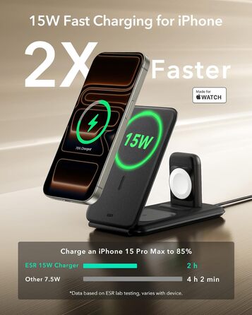 Зарядний станція 3-в-1 ESR для Apple Watch та iPhone з MagSafe, чорна (15W)