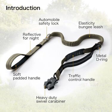 Міцна тактична повідка для собак з карабіном швидкого закриття та світловідбиваючими нитками, 1,2-1,8 м, Power-Stretch, для середніх та великих собак (армійний зелений та чорний)