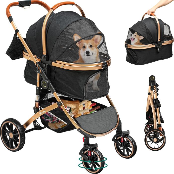 YITAHOME 3-in-1 Dog Stroller & Cat Carrier - Folding Pet Buggy for Dogs up to 20kg - Black