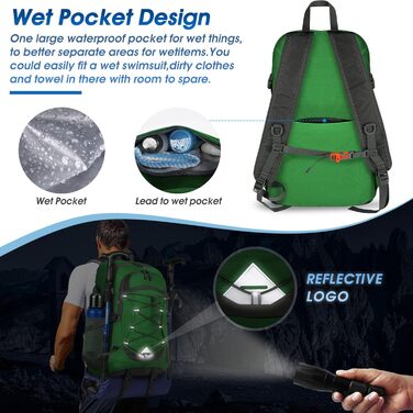IGOLUMON Hiking Backpack Men Women 40L Waterproof Backpack Lightweight Foldable Travel Backpack Trekking Backpack with Reflective Stripes For Cycling, Climbing, Mountaineering and Travel Sports, (Grass Green)