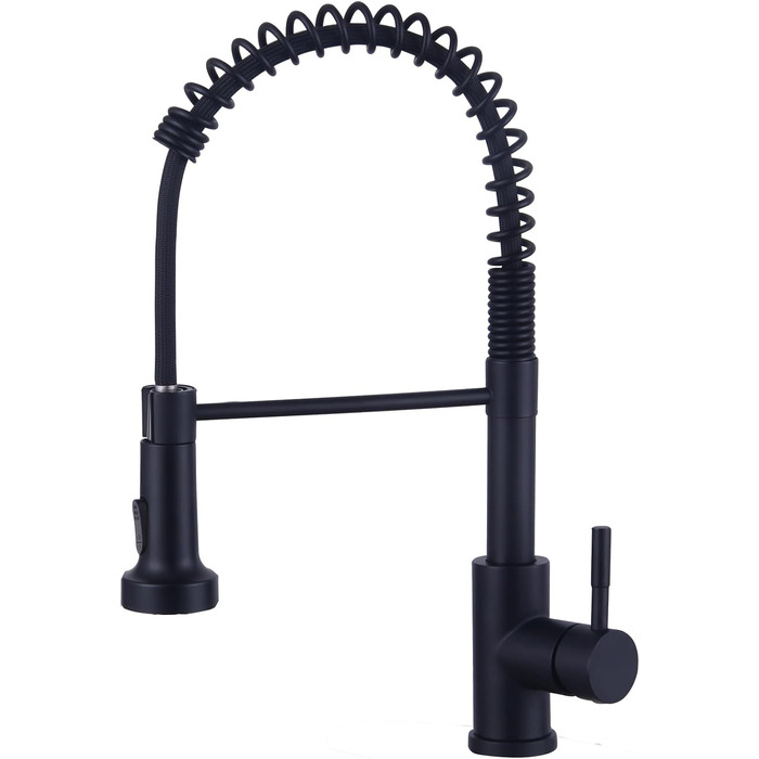 Чорний кухонний змішувач з висувною лійкою, високий поворотний вигин, 360° оберт, 2 режими розпилення, шланговий вилив, нержавіюча сталь, матовий чорний