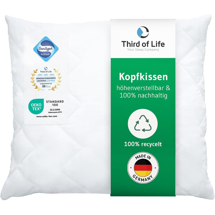 Kissen 60x70 VERDA, 100% sustainable & made in Germany, Ergonomic pillow 60 x 70 cm - extra soft & large, adjustable height for stomach, back & side sleepers, sleep pillow for allergy sufferers