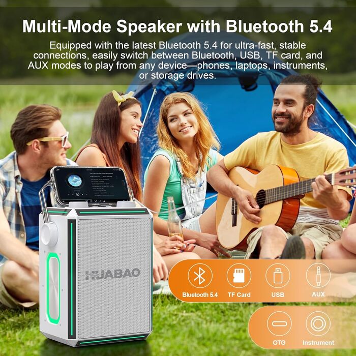 Портативна Bluetooth-колонка караоке з 2 бездротовими мікрофонами, RGB-підсвічуванням, регулюванням високих та низьких частот, ефектами голосу, AUX/USB/TF/OTG, 6,5 мм роз'єм, для вечірок (біла)