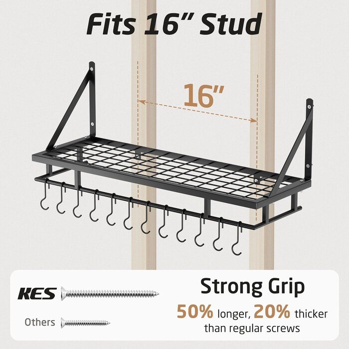 Kitchen Utensil Holder, Pan Holder, Kitchen Shelf, Kitchen with 12 Hooks, Hanging Shelf, Spice, Pan Shelf, Wall Shelf, Kitchen Rail, 75CM Wall Mount, Matte Black, KUR215S75A-BK