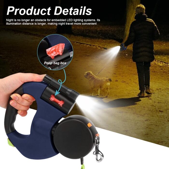 Рулетка для собак з подвійною лінією CRWEOM – для 2 собак, з LED-підсвічуванням, поворотним механізмом 360° та ергономічною ручкою (Блакитний)