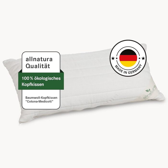 allnatura Cotton Pillow Cotona-Medicott 40x80 cm Test Winner - 100% Organic Cotton ideal for allergy sufferers - Suitable for side and back sleepers - Adjustable height & machine-washable cover - Made in Germany… 40 x 80cm cotton pillow