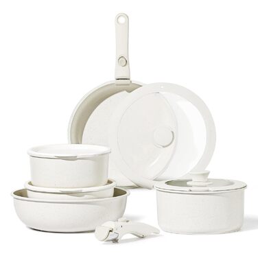 Набір посуду з антипригарним покриттям 11 предметів з знімними ручками. Підходить для індукційних, газових плит, духовки та мийки. Без PFAS (білий)