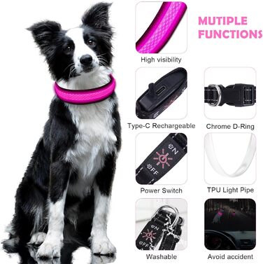 Світловідбиваючий нашийник для собак AUAUY LED, USB-зарядка, водонепроникний, регульований, безпечний, 6 кольорів, розмір S (11.8-15.7'/30-40 см)