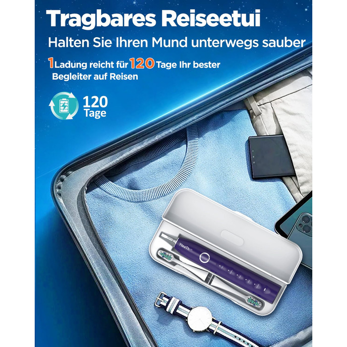 Електрична зубна щітка зі звуковими вібраціями, 8 насадок (3 типи), таймер, 120 днів роботи від акумулятора, 5 режимів чищення, чохол для подорожей, док-станція, фіолетовий колір