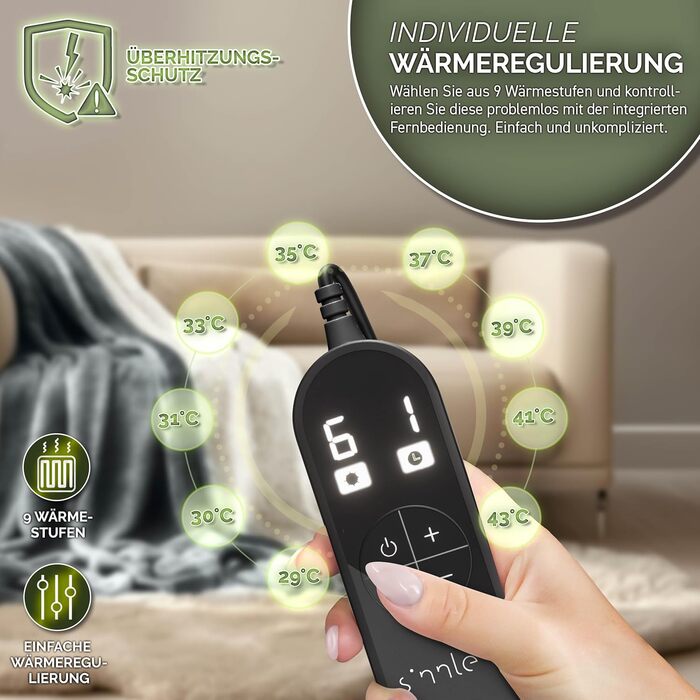 Електрична гріюча ковдра Sinnlein® з автоматичним вимкненням 160 x 120 см | 9 температурних режимів | Ковдра для ліжка, дивана | Електрична ковдра з таймером, цифровим дисплеєм, чорна