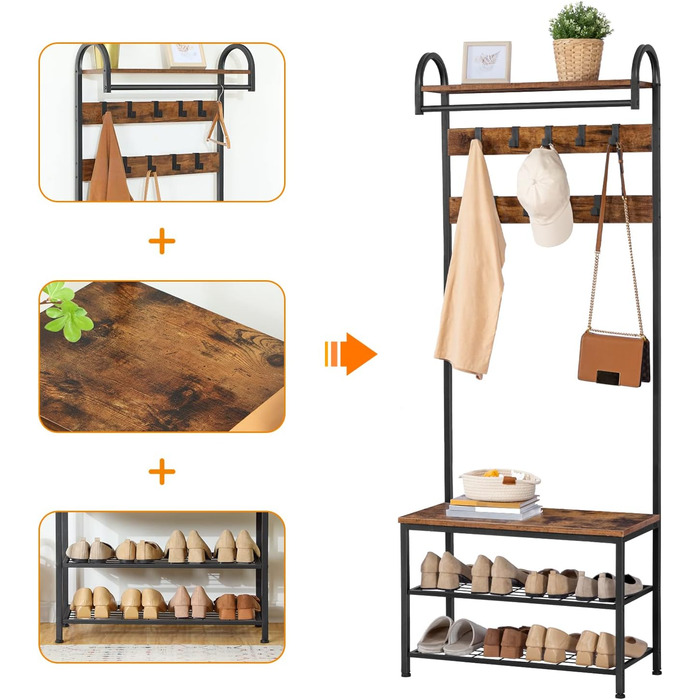 HOOBRO Coat Rack, Wardrobe Rack, Shoe Shelf with Seating, Clothes Rack with 9 Hooks, Bench, Clothes Rail, 182 cm High, Entrance Hall, Living Room, Metal Frame, Vintage Brown-Black EBF13MT01