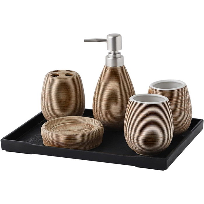 Набір аксесуарів для ванної кімнати Tauzveok з кераміки, 6 предметів: дозатор мила, тримач для зубних щіток, мильниця, стаканчик та підставка. Колір: коричневий.
