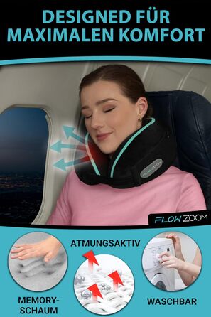 Подушка для шиї FLOWZOOM Comfy для подорожей: регульована, з memory foam, для автомобіля та літака, 360° підтримка, дихаючий чохол, з транспортним мішечком, сіра (Dream - чорна)