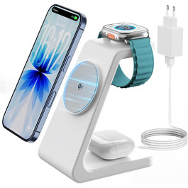GEEKERA 3-в-1 зарядний пристрій Qi2 з MagSafe, 15W індукційна станція для iPhone 17/16/15/14/13/12, Apple Watch 11-2 та AirPods, білий/сірий