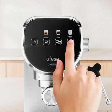 Ufesa Sienna Espresso Machine and Cappuccino Portafilter Machine with Milk Frother, 20 Bar Pressure, Digital Touch Panel, 1360W, for Ground Coffee or ESE Pads, 0.9L Water Tank, Silver