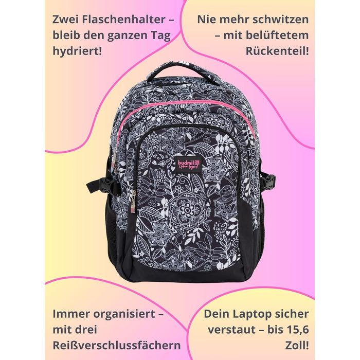 Ергономний шкільний рюкзак Budmil для хлопчиків та дівчаток 32L - для підлітків та дітей від 5 класу - водонепроникний, з 3 відділеннями та вентильованою спинкою, Edwin White Flower