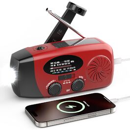 Радіо на сонячних батареях з ручним заводом 2000mAh, AM/FM/NOAA, зарядний пристрій для телефону, ліхтарик LED, червоний