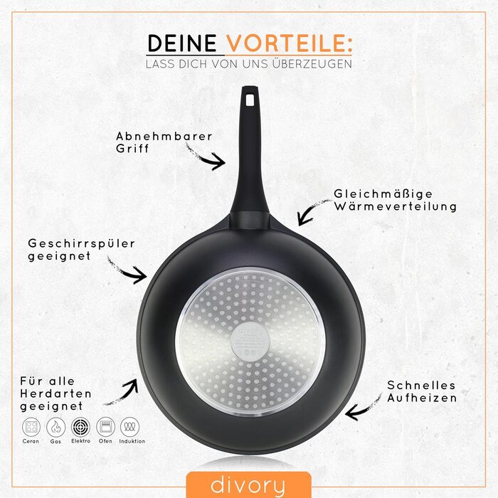 DIVORY Crepe Pan Induction 28 cm, Pancake Pan with Batter Dispenser & Wooden Spatula, Omelette Pan Induction, Flat Coated Pancake, Pizza Frying Pan (Black, Wok 30cm)