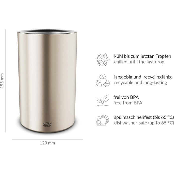 alfi SECCO, Stainless steel bottle cooler for 0.70 to 1l bottles, wine, sparkling wine. Keeps drinks cool without condensation or ice cubes, keeping drinks refreshingly cold until the very last drop. Drinks are dishwasher-safe and BPA-free (Champagne Mat, cylindrical)
