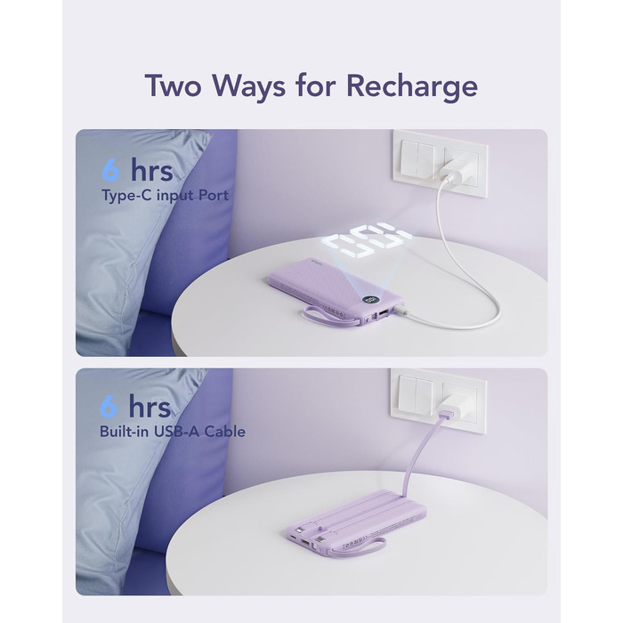 Powerbank VRURC 10000mAh з кабелем: портативний зарядний пристрій USB-C з LED дисплеєм та 5 виходами, 2 входами, сумісний з iPhone, Huawei, Samsung та іншими смартфонами (колір: туманний фіолетовий)