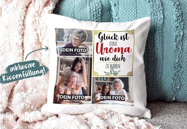 Подушка з наповнювачем Print Royal з фотоколажем та написом для прабабусі GLÜCK, з трьома власними фото, подарункова фотоподушка з поліестеру, біла