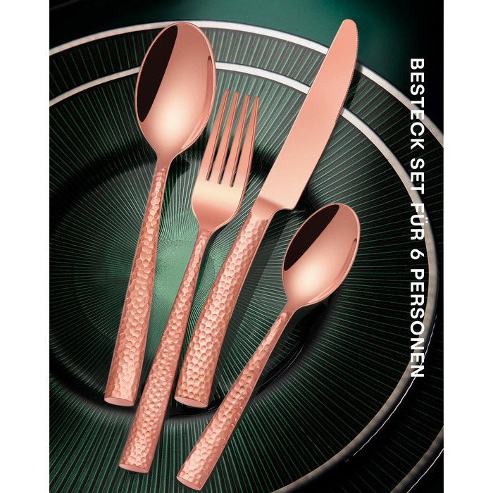 30-Piece Flatware Set, 6 People, Roségold, Thickened Stainless Steel Cutlery Set with Hammered Handle, Dinner Cutlery Set with Knife, Fork, Spoon, Mirror Polished, Dishwasher Safe