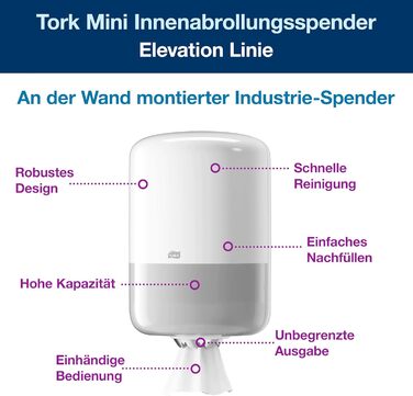 Tork 559000 Roll Dispenser for M2 Paper Towels in Elevation Design / Paper Towel Dispenser for hygienic single towel dispensing in White, 239mm x 360mm x 227mm