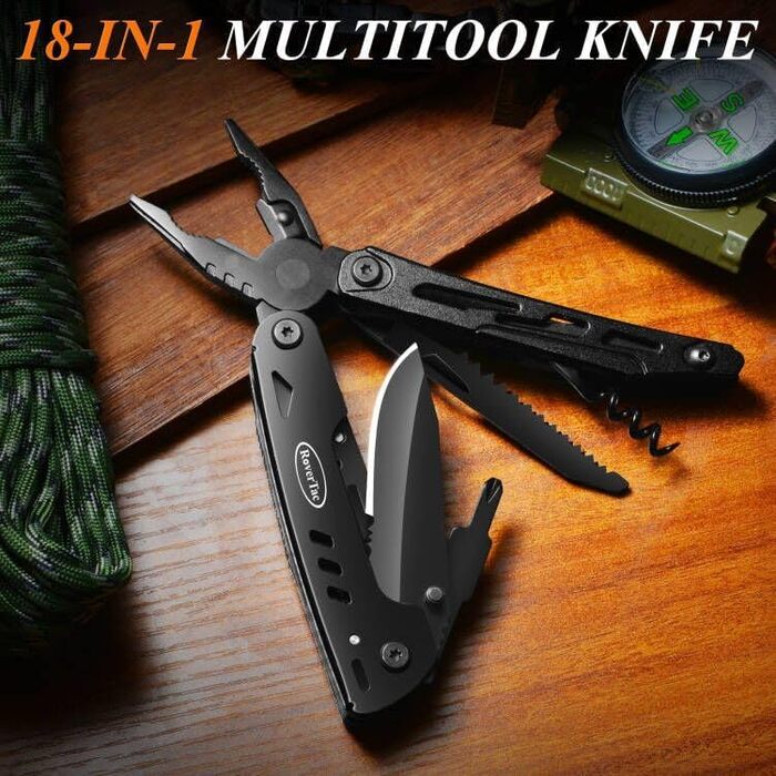 RoverTac Multitool Pocket Knife Tool Gifts: 18-in-1 Multifunction Tool Camping Accessories, Multitools Folding Knife Pliers Scissors Saw Corkscrew Bottle Opener, 9-Pack with Nylon Sheath