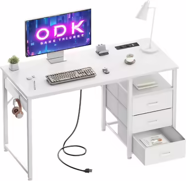 ODK Desk with 3 Fabric Drawers, Computer Desk with 2 Sockets and USB Ports, Reversible PC Desk Office Desk for Home Office (White, 120x48x75.5 cm) 120x48x75.5cm White