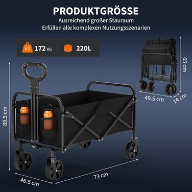 Візок вантажний складний 220L Heavy Duty для кемпінгу, саду, пляжу. Сталевий каркас, 600D Oxford PVC, регульована ручка, чорний