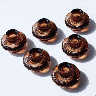 VOHO Candle Holders, Ribbed Glass, Stylish Boho Candle Holders, Stackable and Reversible, for Candle Stands and Votive Candles, e Candle Holders, Table Decor, Set of 18 (Brown)