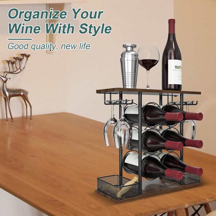VyGrow Wine Rack with 3 Tiers, Wood and Metal, Easy to Assemble, for 6 Bottles and 4 Glasses at Home, 16 x 41 x 40.2 cm