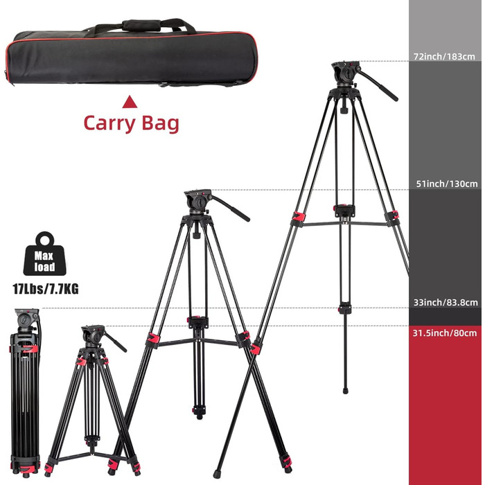Штатив важкий 183 см, Lusweimi Професійний штатив для відеокамери з алюмінію, 2 швидкісні пластини, 360° Fluid-головка, середній розширювач, Макс. навантаження 7.7 кг
