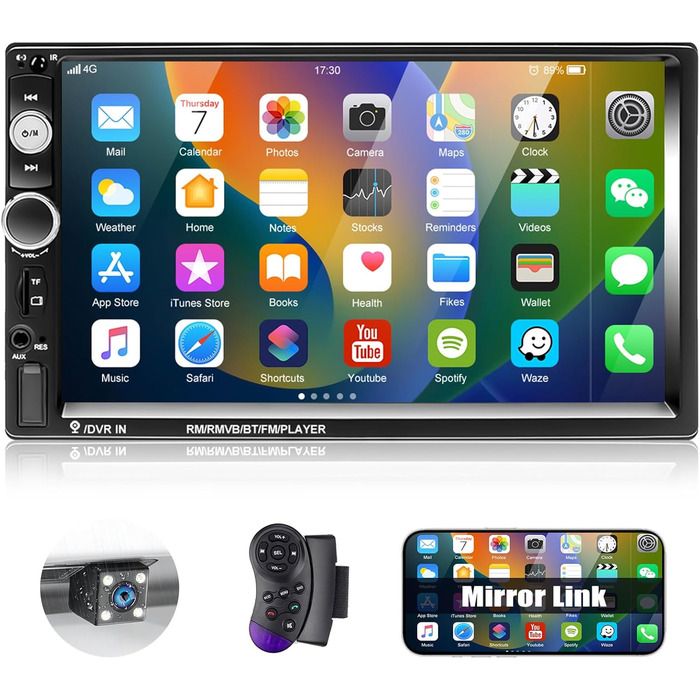 Автомагнітола CAMECHO 2 DIN з 7-дюймовим сенсорним екраном, Bluetooth, Mirror Link, FM-радіо, USB, AUX, керування з керма, 7 кольорів підсвітки, камера заднього виду, MP5