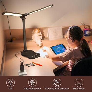 LED лампа настільна з двома руками, 5 кольорів та 10 рівнів яскравості, таймер вимкнення 45 хв, сенсорне керування, для навчання (біла) (чорна)