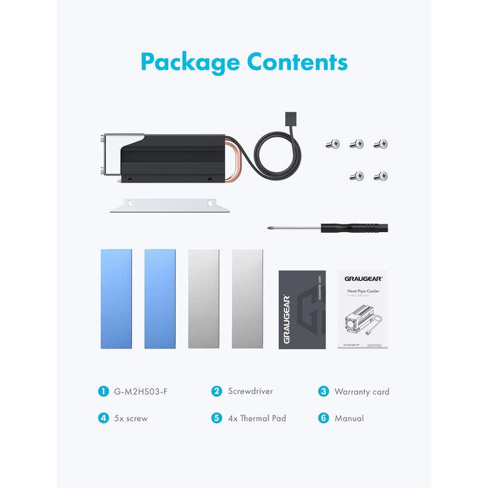 Охолоджувач SSD M.2 NVMe 2280 GrauGear з вентилятором PWM, тепловою трубою та термопадом