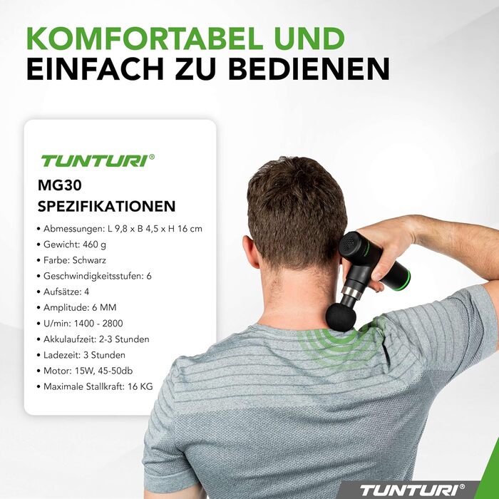 Масажер Tunturi MG30 Mini: портативний, тихий, 6 швидкостей, 4 насадки